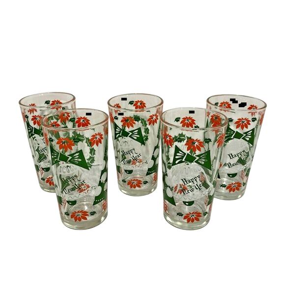 Vintage Merry Christmas Holiday Glasses Set (5) Mod Tree & New Years Tumblers - Picture 3 of 9